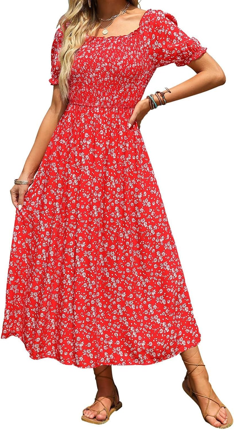 Jojoans Women's 2025 Summer Boho Floral Print Square Neck Ruffle Long Maxi Dress