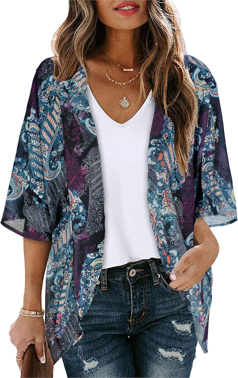 Women's Floral Print Puff Sleeve Kimono Cardigan