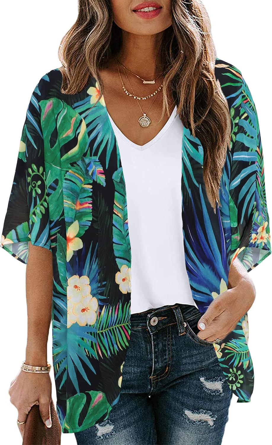Women's Floral Print Puff Sleeve Kimono Cardigan