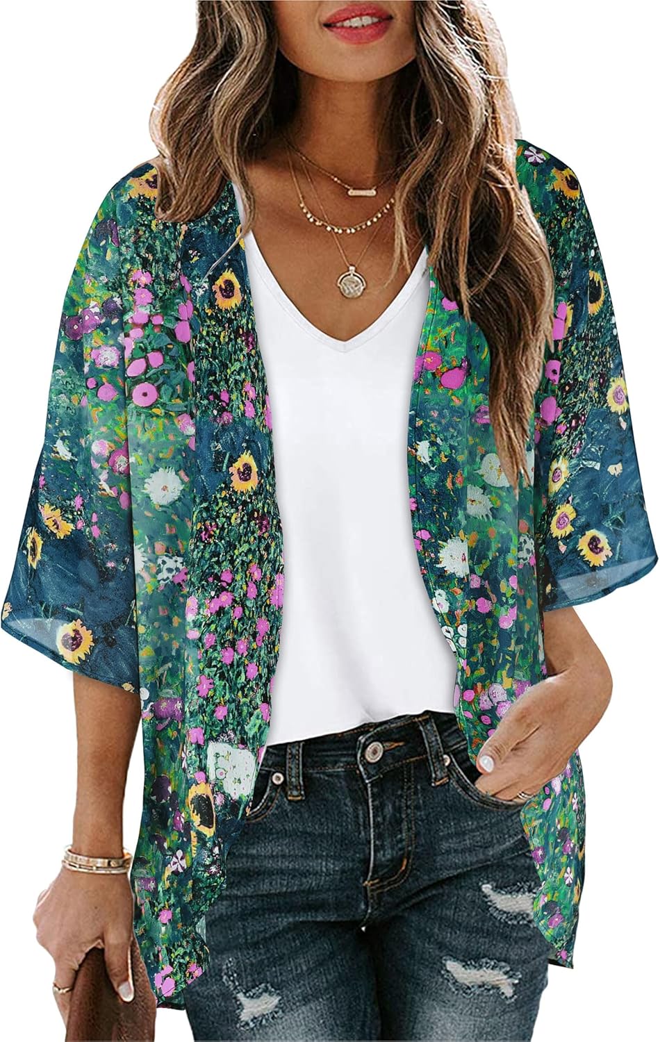 Women's Floral Print Puff Sleeve Kimono Cardigan