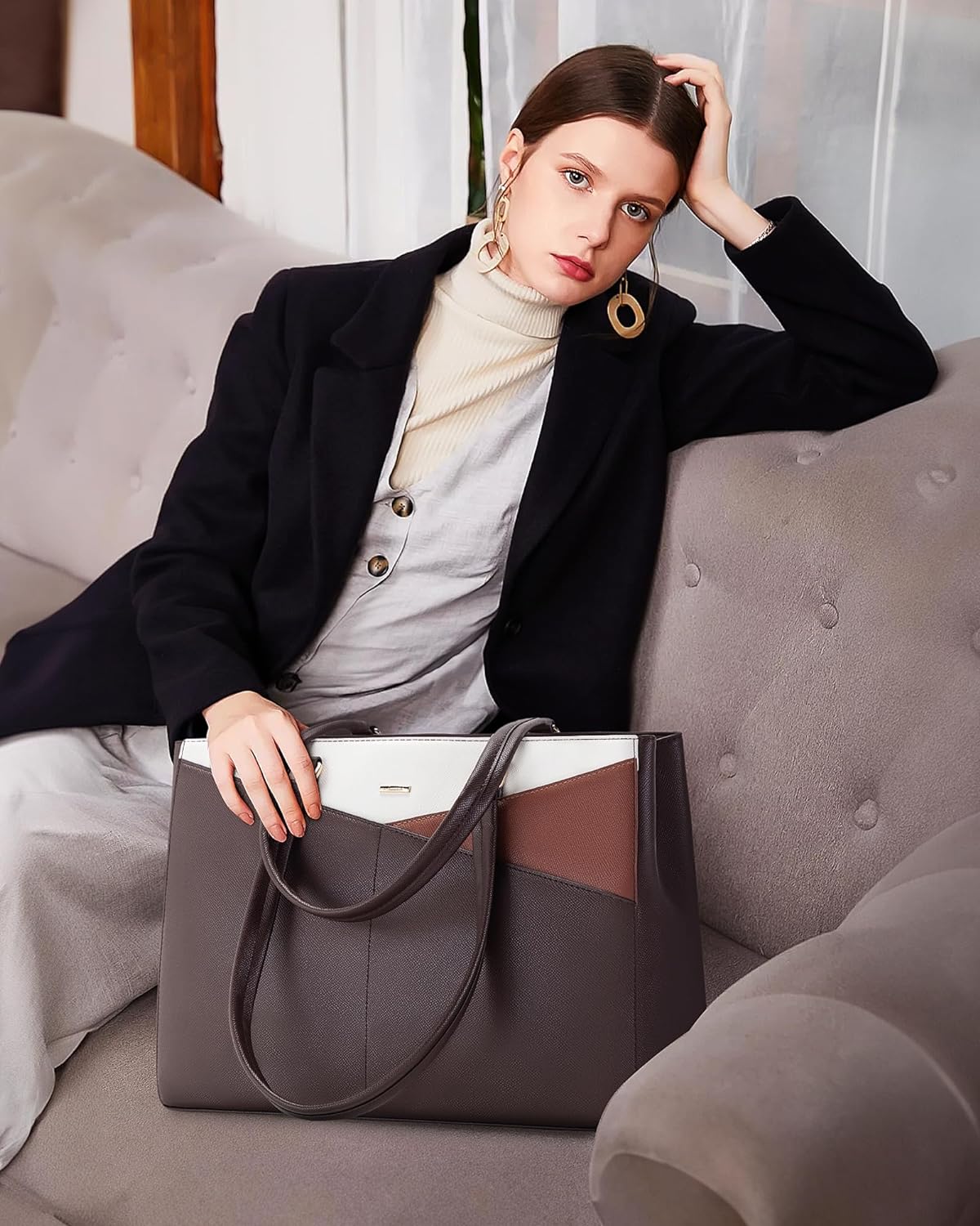 Laptop Tote Bag for Women 15.6 Inch Waterproof Leather