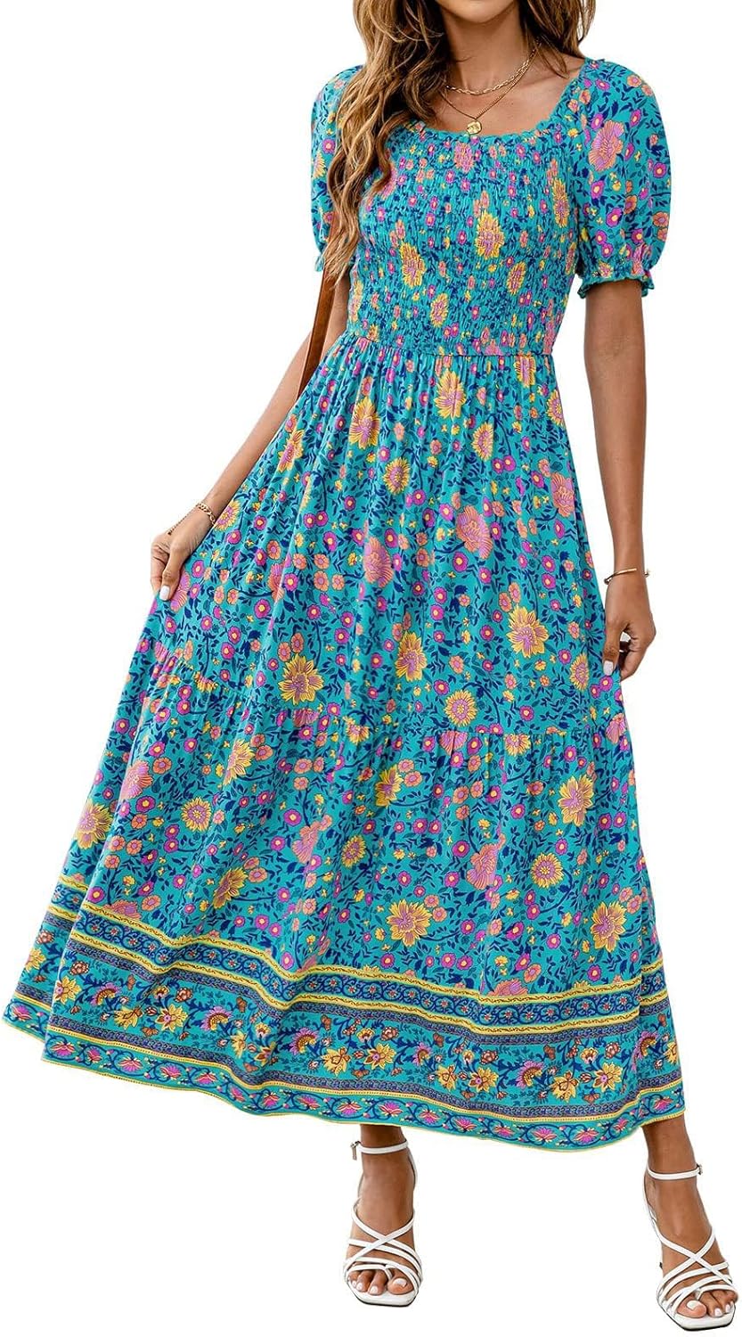 Jojoans Women's 2025 Summer Boho Floral Print Square Neck Ruffle Long Maxi Dress