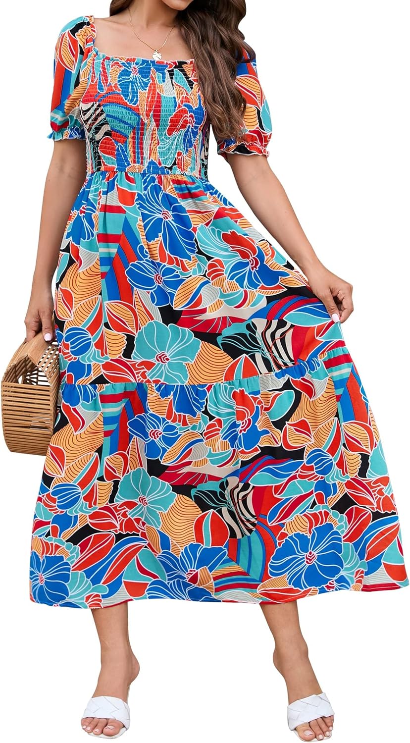 Jojoans Women's 2025 Summer Boho Floral Print Square Neck Ruffle Long Maxi Dress