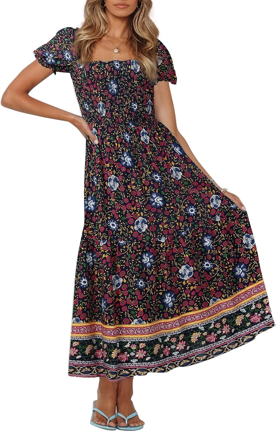 Jojoans Women's 2025 Summer Boho Floral Print Square Neck Ruffle Long Maxi Dress