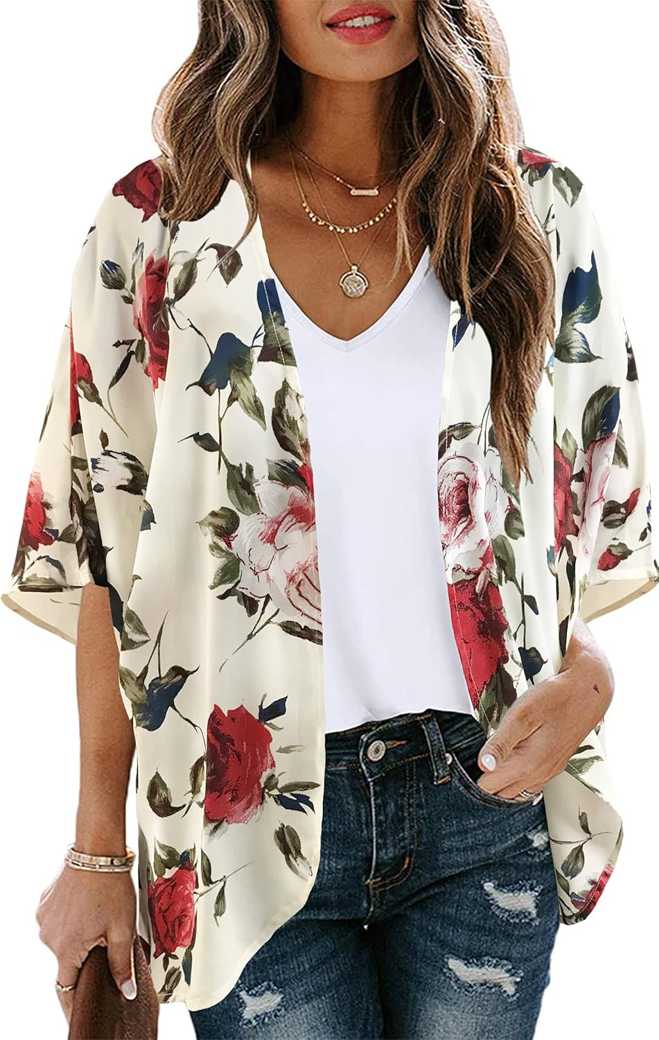 Women's Floral Print Puff Sleeve Kimono Cardigan