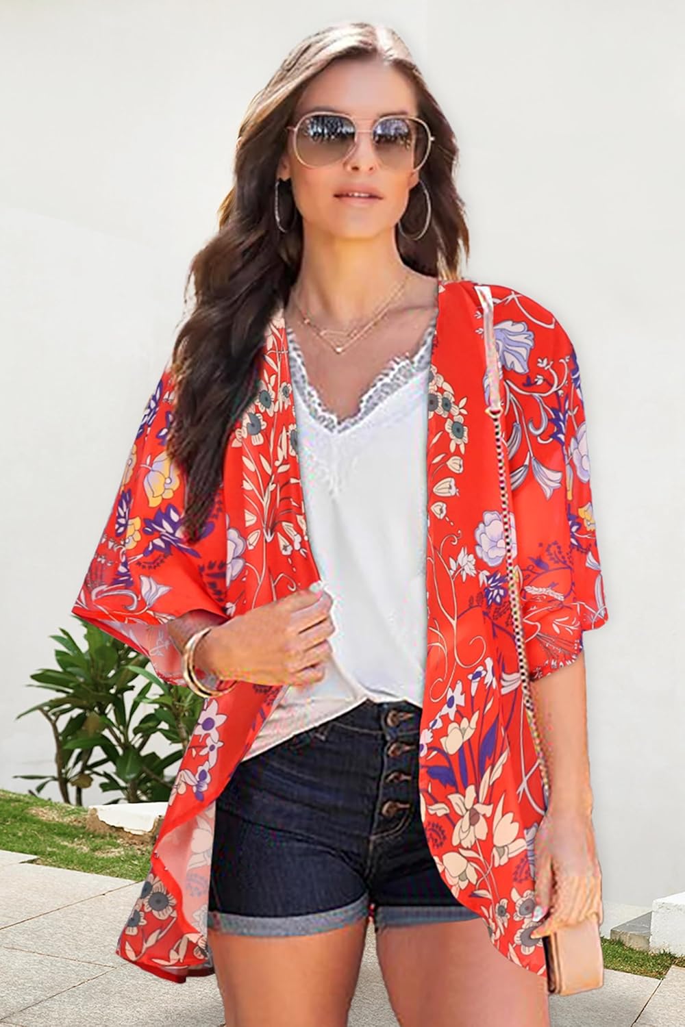 Women's Floral Print Puff Sleeve Kimono Cardigan
