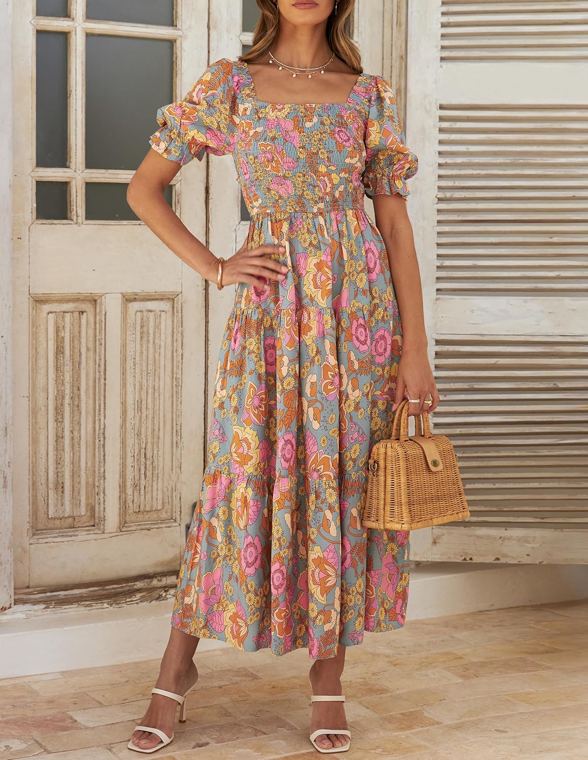 Jojoans Women's 2025 Summer Boho Floral Print Square Neck Ruffle Long Maxi Dress