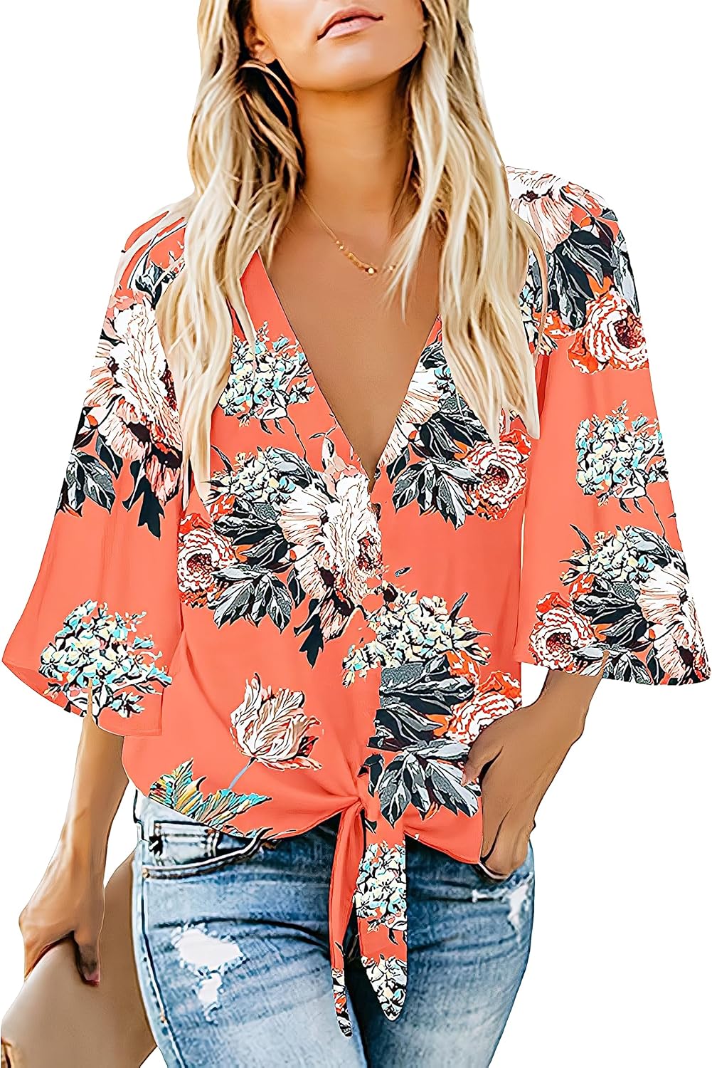 Women's Casual Floral Blouse Batwing Sleeve Loose