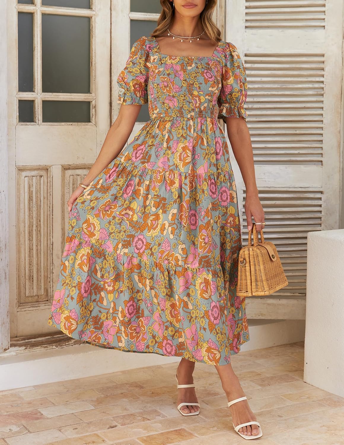 Jojoans Women's 2025 Summer Boho Floral Print Square Neck Ruffle Long Maxi Dress