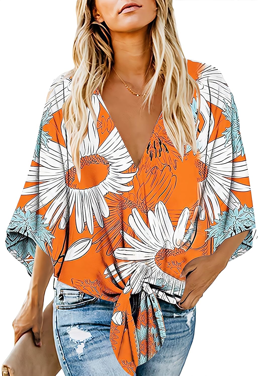 Women's Casual Floral Blouse Batwing Sleeve Loose