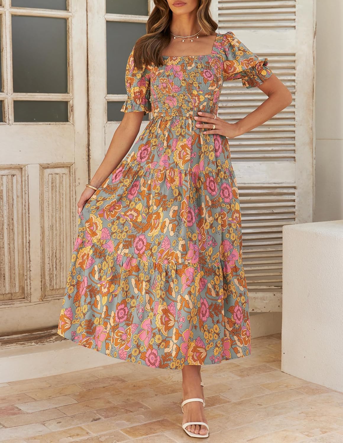 Jojoans Women's 2025 Summer Boho Floral Print Square Neck Ruffle Long Maxi Dress
