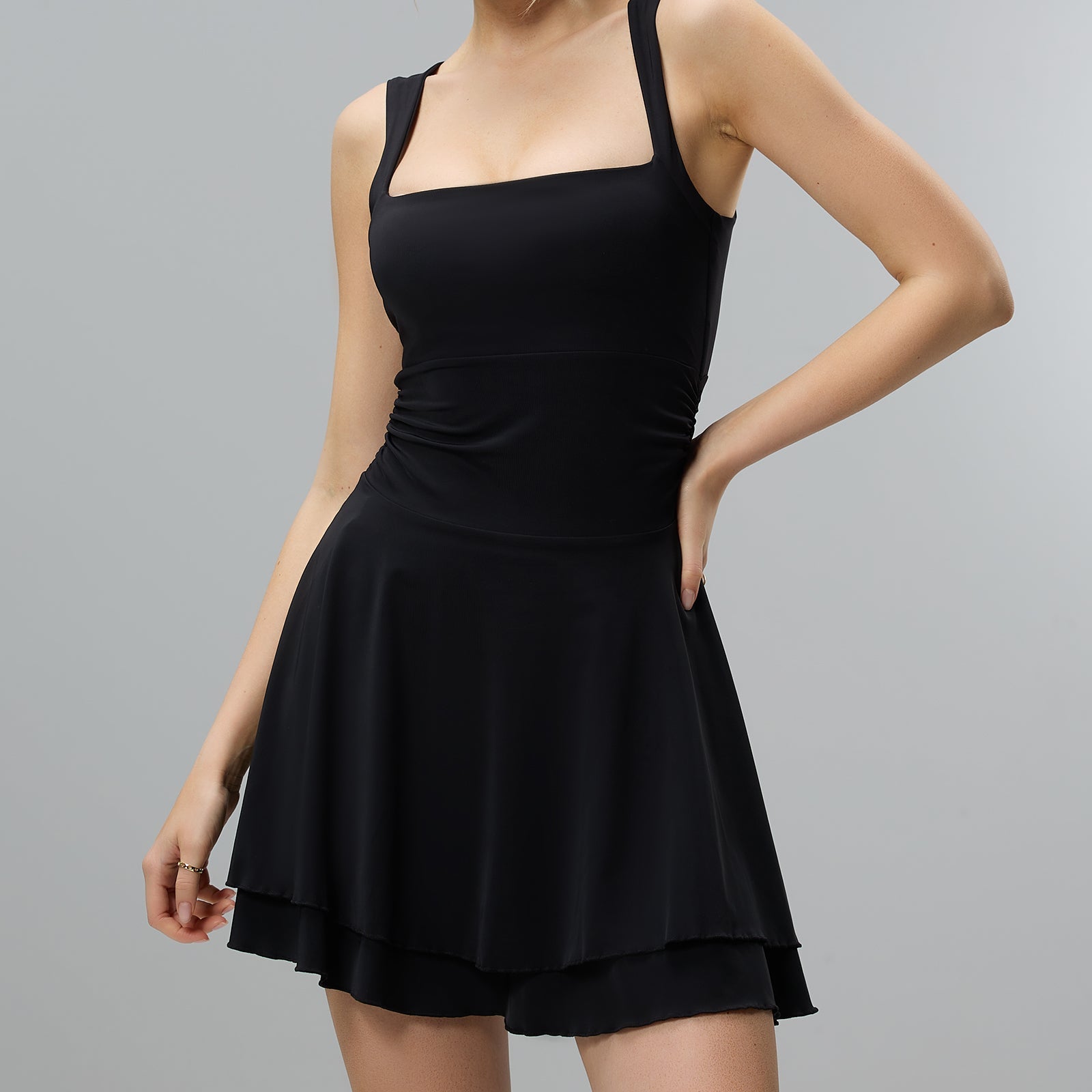 JOJOANS Women's Square Neck Ruffle Hem Mini Dress Ruched Waist Short Party Dresses JOJOANS