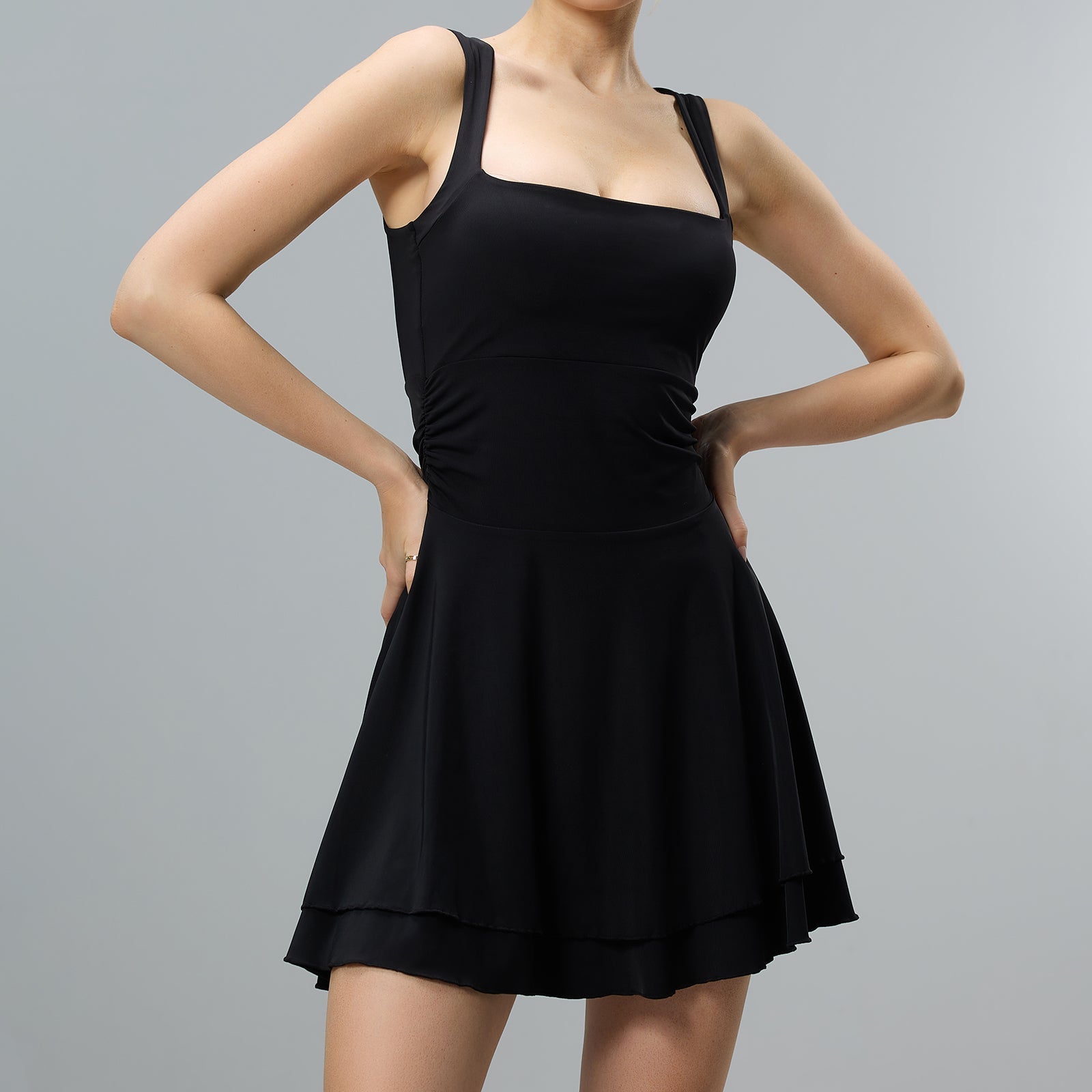 JOJOANS Women's Square Neck Ruffle Hem Mini Dress Ruched Waist Short Party Dresses JOJOANS