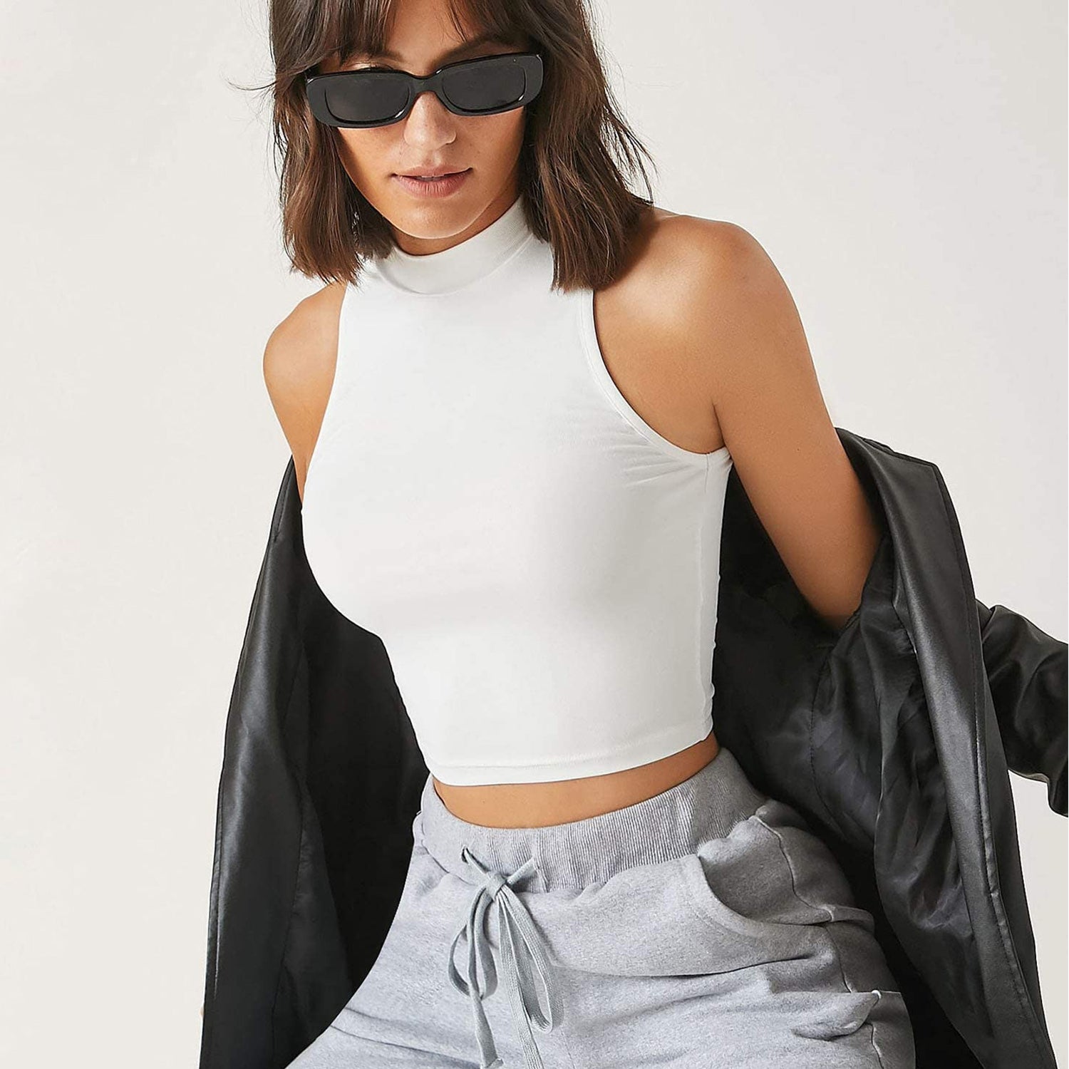 Women's Casual High Neck Sleeveless Solid Crop Halter Tank Top Jojoansport