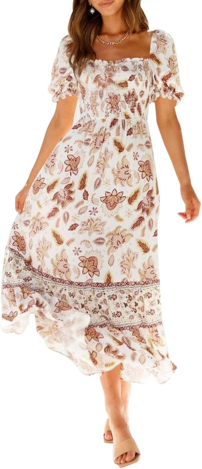 Jojoans Women's 2025 Summer Boho Floral Print  Square Neck Ruffle  Long Maxi Dress
