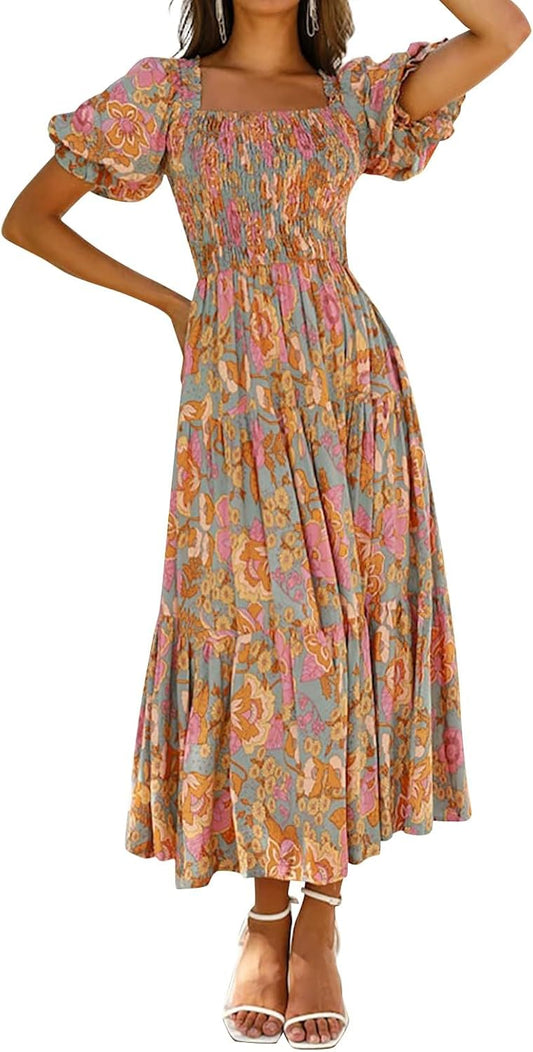 Jojoans Women's 2025 Summer Boho Floral Print  Square Neck Ruffle  Long Maxi Dress