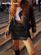 Women's Faux Leather Skirt High Waist Tummy Control Bodycon Mini Short Skirt with Slit JOJOANS