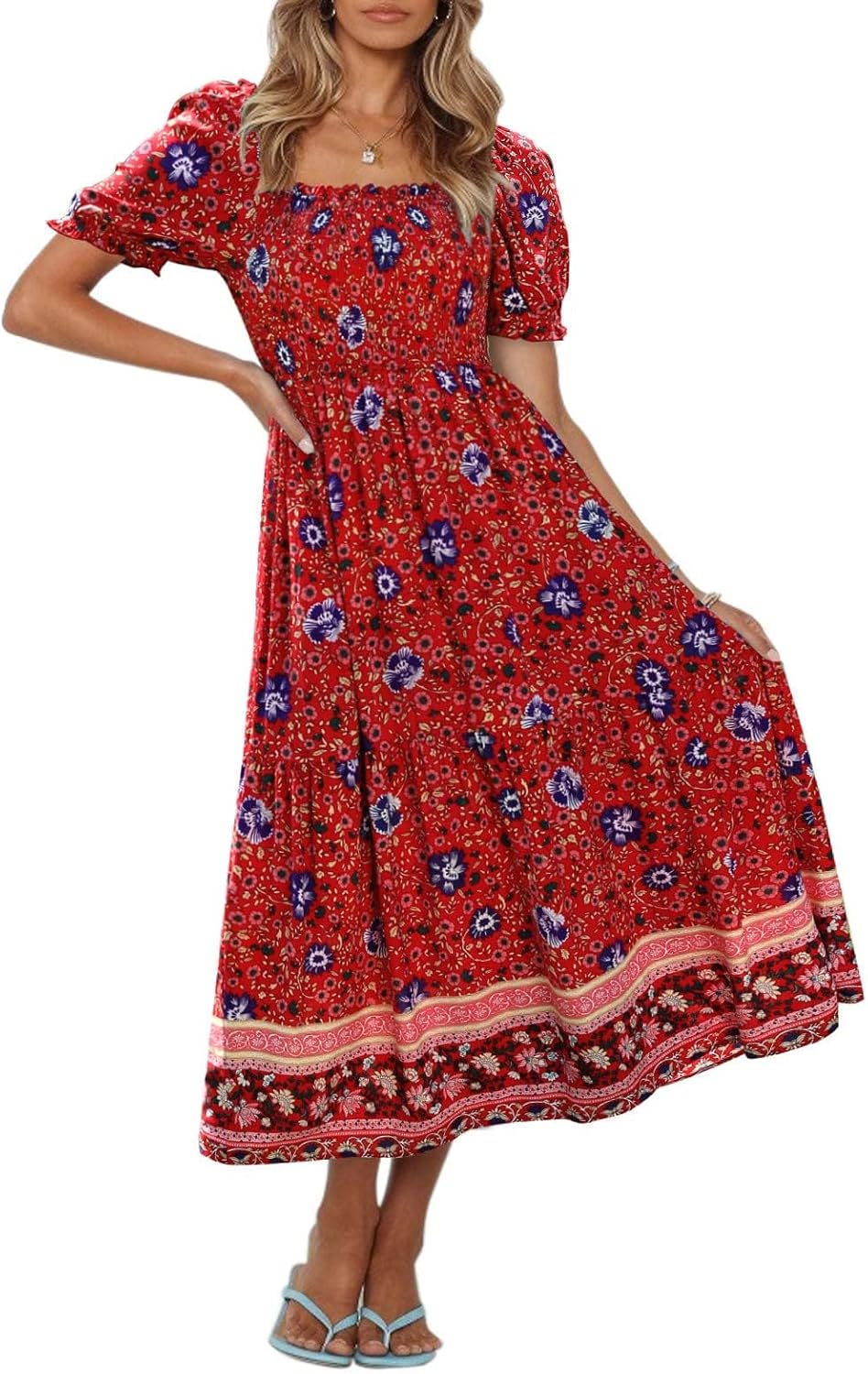 Jojoans Women's 2025 Summer Boho Floral Print  Square Neck Ruffle  Long Maxi Dress