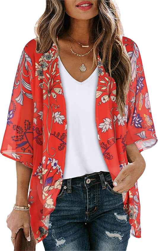 Women's Floral Print Puff Sleeve Kimono Cardigan