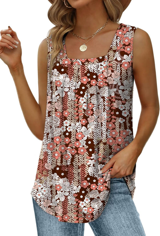 Jojoans  Summer Tank Tops for Women Loose Fit Pleated Square