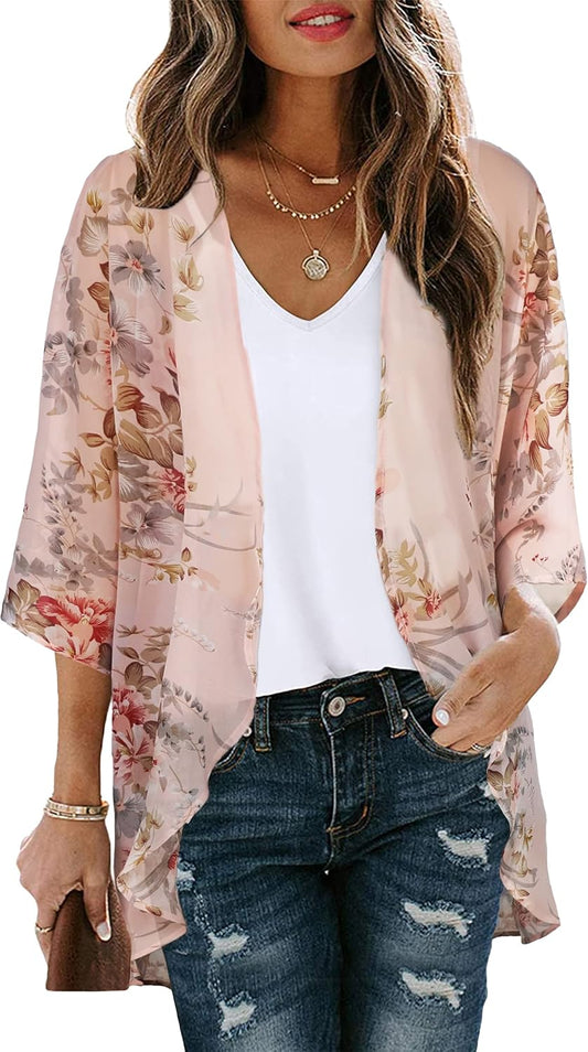 Women's Floral Print Puff Sleeve Kimono Cardigan