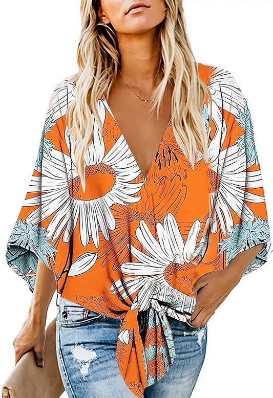 Women's Casual Floral Blouse Batwing Sleeve Loose