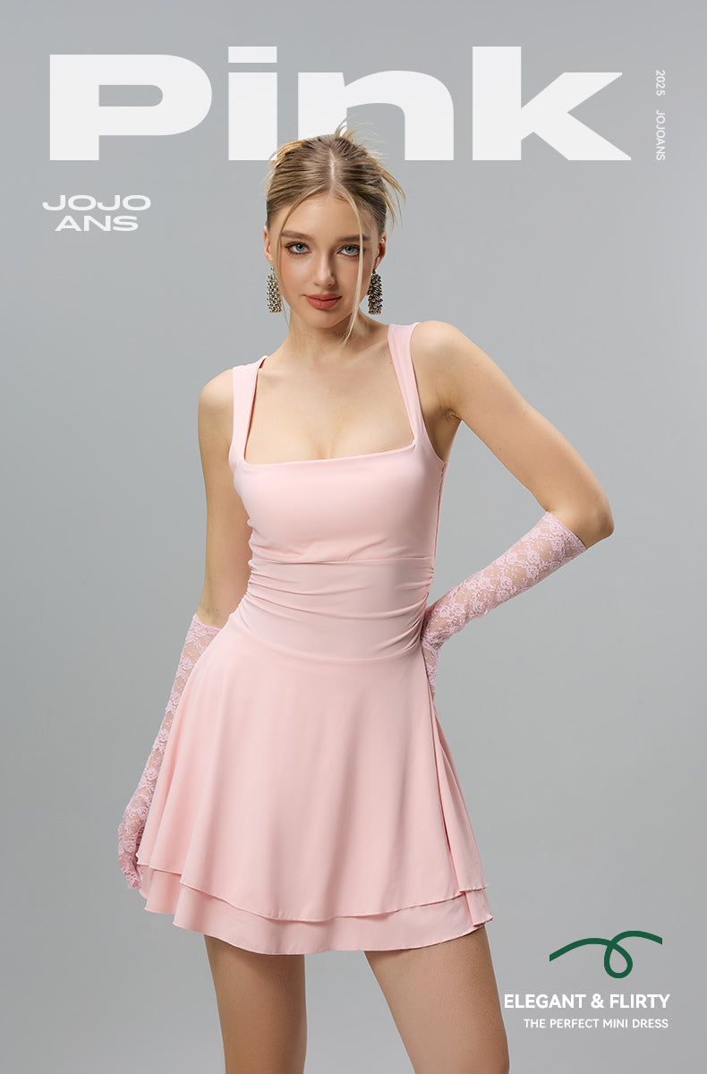 JOJOANS Women's Square Neck Ruffle Hem Mini Dress Ruched Waist Short Party Dresses JOJOANS